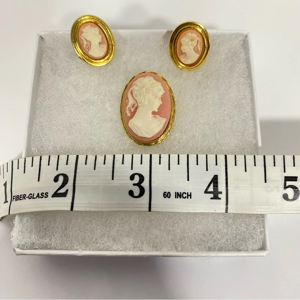 Cameo Brooch & Clip On Earrings Set Pink Ivory & Gold Tones Vintage Jewelry